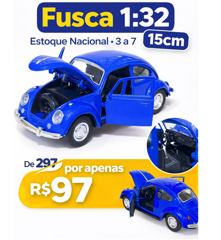 Fusca 1:32, 15cm, Metal + Pneus em Borracha - Envio Rápido